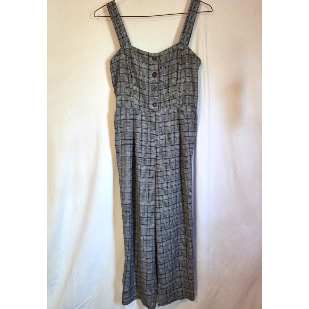 Candie’s Plaid Wide Leg Jumpsuit Womens Medium Gray Burgundy Button Front